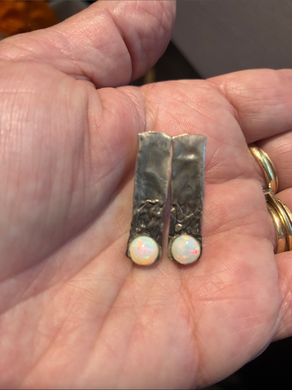 Sterling Silver Opal Bar Earrings - Artisan-made.  Posts. 1 Inch Long